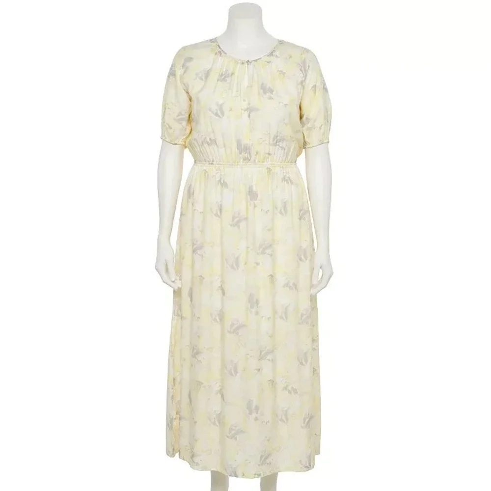 Nine West Puff-Sleeve Chiffon Maxi‎ Dress Yellow Floral Summer Keyhole 4X NWT